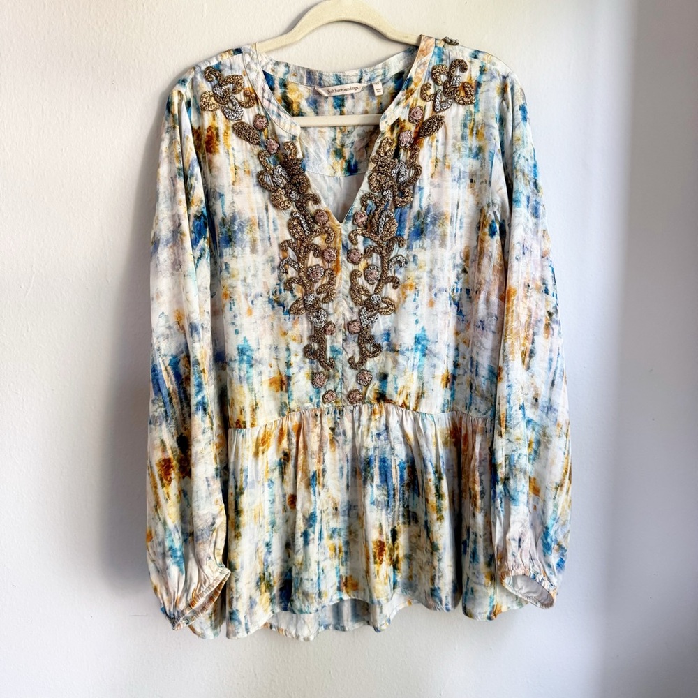 Soft Surroundings Tie Due Embroidered Multicolor Women's Ruffle V Neck Tunic Top
